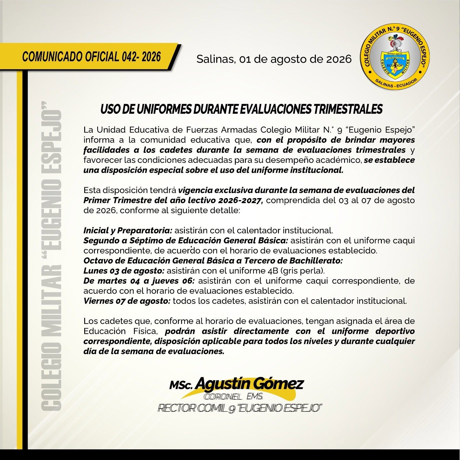 USO DE UNIFORMES EVALUACI&Oacute;N I TRIMESTRE