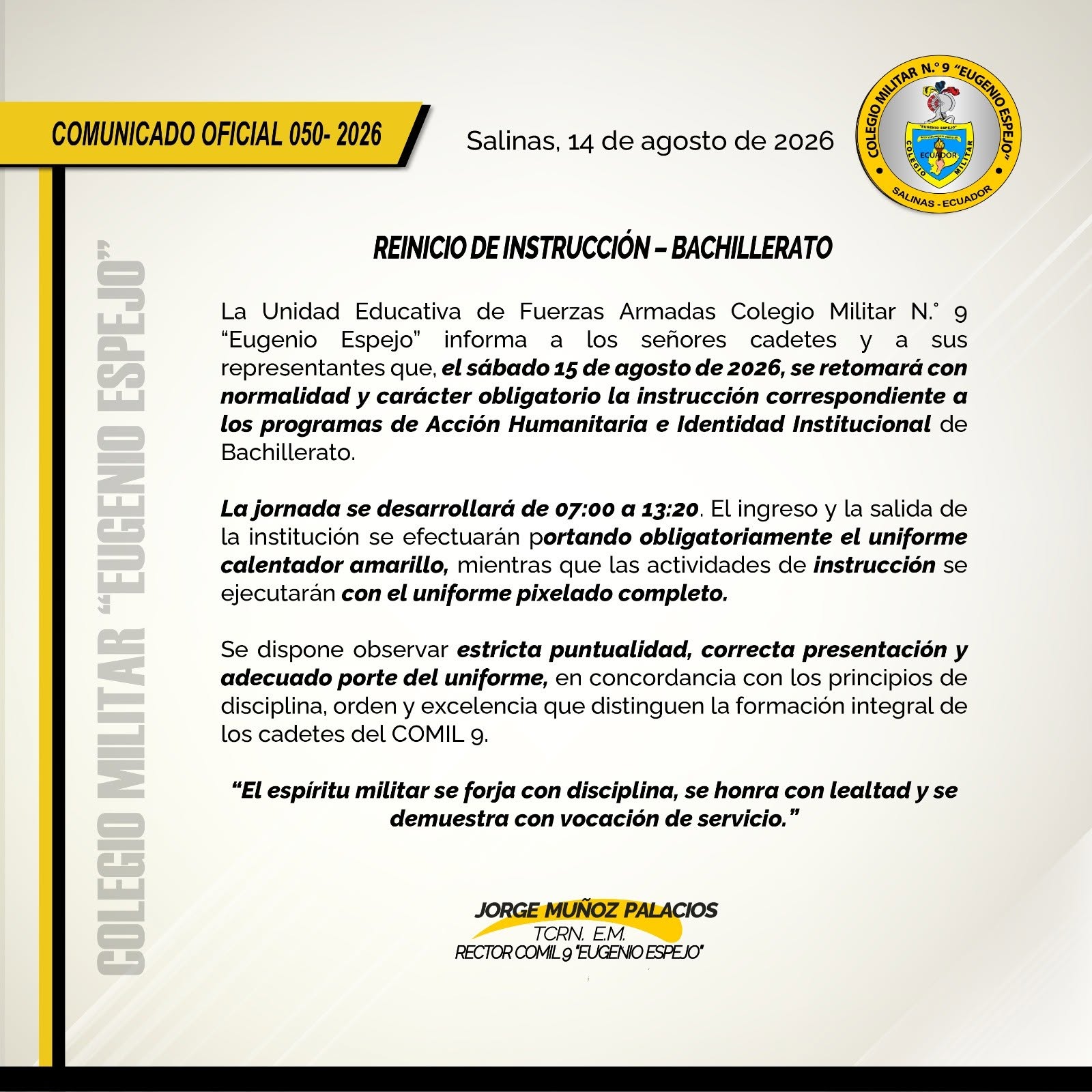 COMUNICADO 050 INSTRUCCI&Oacute;N BACHILLERATO 