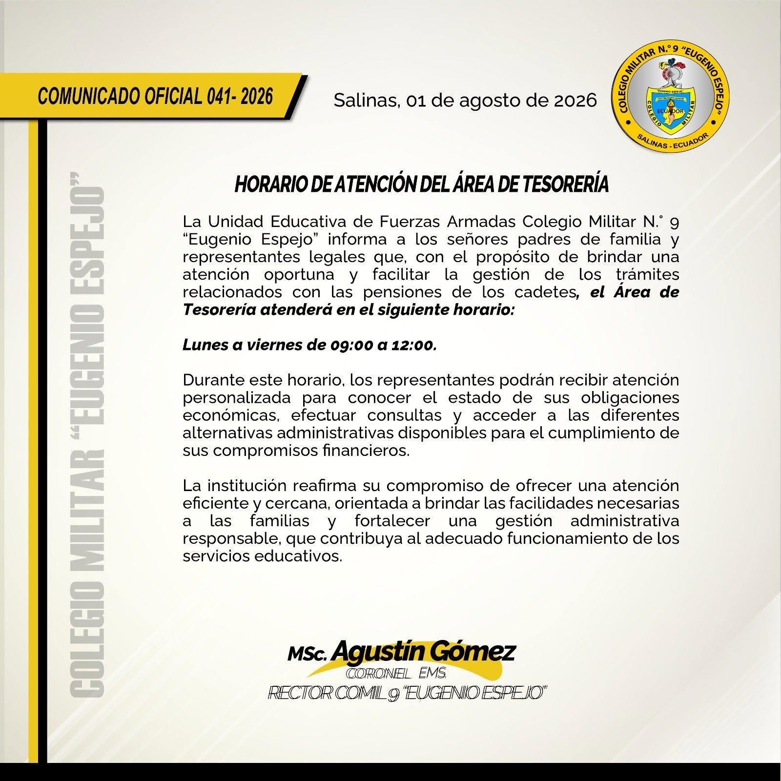 HORARIO DE ATENCI&Oacute;N EN &Aacute;REA DE TESORER&Iacute;A